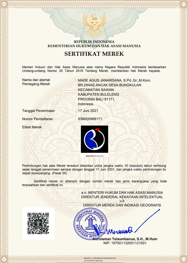Sertifikat Hak Merek Wajah Plastik